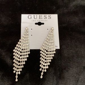 Guess Earring diamond shape crystals paved mash drops tassel 1.5”